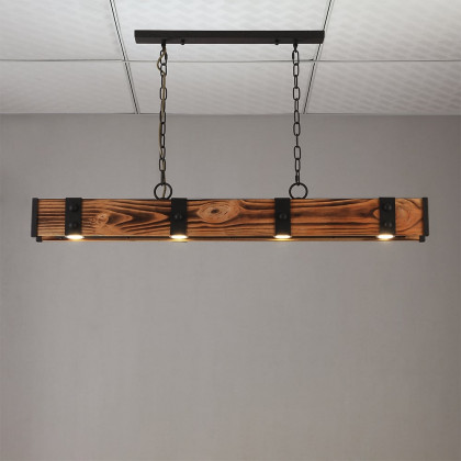 HMR - Rowen Industrial 4-Light LED Linear Rust Wood and Metal Pendant Light in Rust