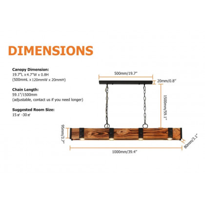 HMR - Rowen Industrial 4-Light LED Linear Rust Wood and Metal Pendant Light in Rust