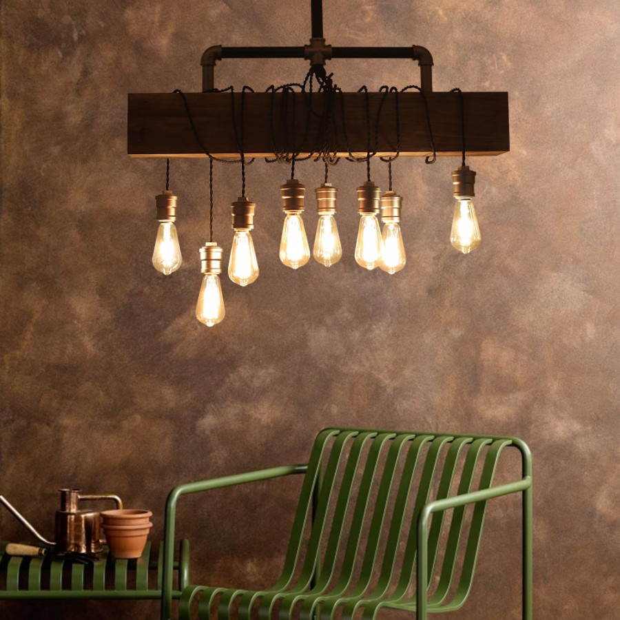 HMR - Industrial Pendant Light with Wood Beam and Plumbing Pipe in 8-Light