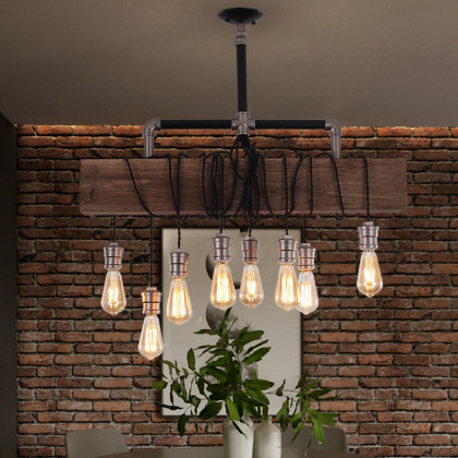 HMR - Industrial Pendant Light with Wood Beam and Plumbing Pipe in 8-Light