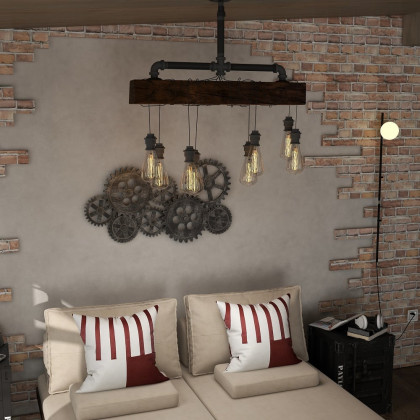 HMR - Industrial Pendant Light with Wood Beam and Plumbing Pipe in 8-Light