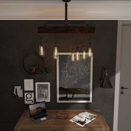 HMR - Industrial Pendant Light with Wood Beam and Plumbing Pipe in 8-Light