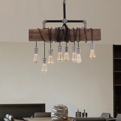 HMR - Industrial Pendant Light with Wood Beam and Plumbing Pipe in 8-Light
