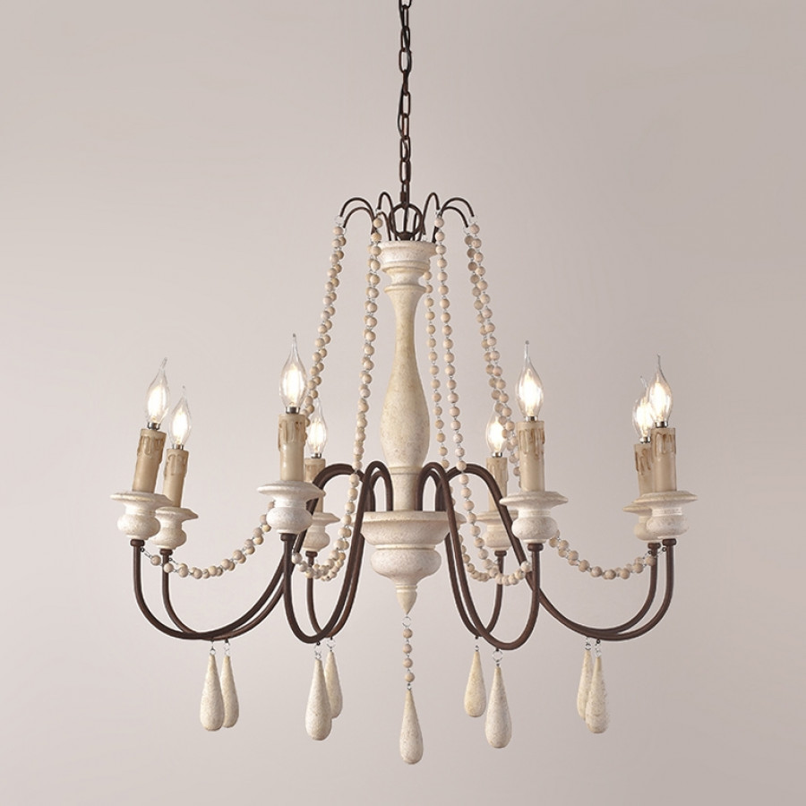 HMR - French Country Candle-Style Wooden Chandelier in 8-Light