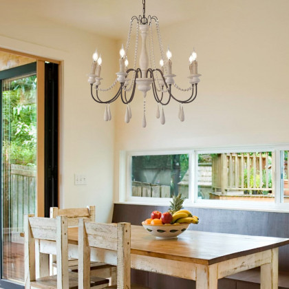 HMR - French Country Candle-Style Wooden Chandelier in 8-Light