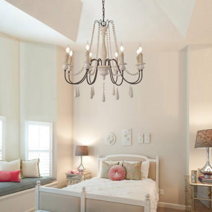 HMR - French Country Candle-Style Wooden Chandelier in 8-Light
