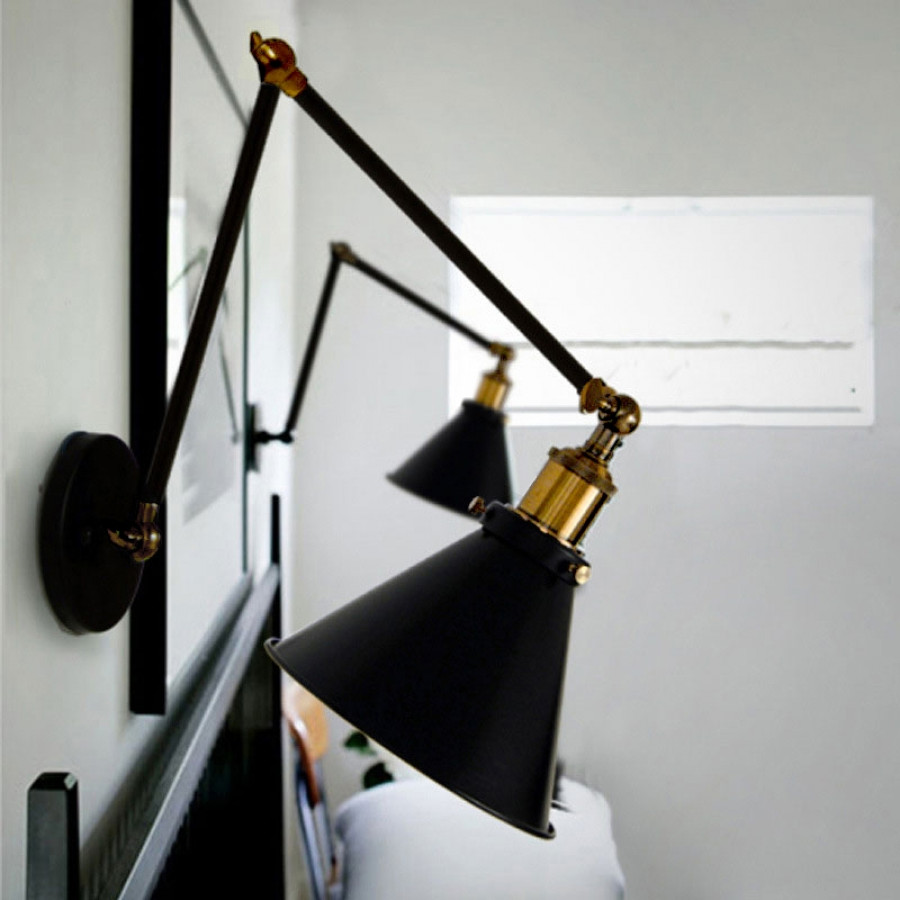 HMR - Double Swing Arm 1-Light Wall Sconce in Black, Brass
