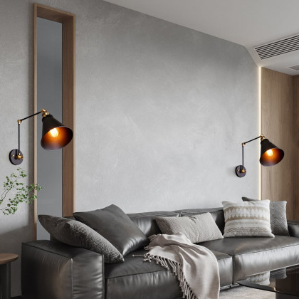 HMR - Double Swing Arm 1-Light Wall Sconce in Black, Brass