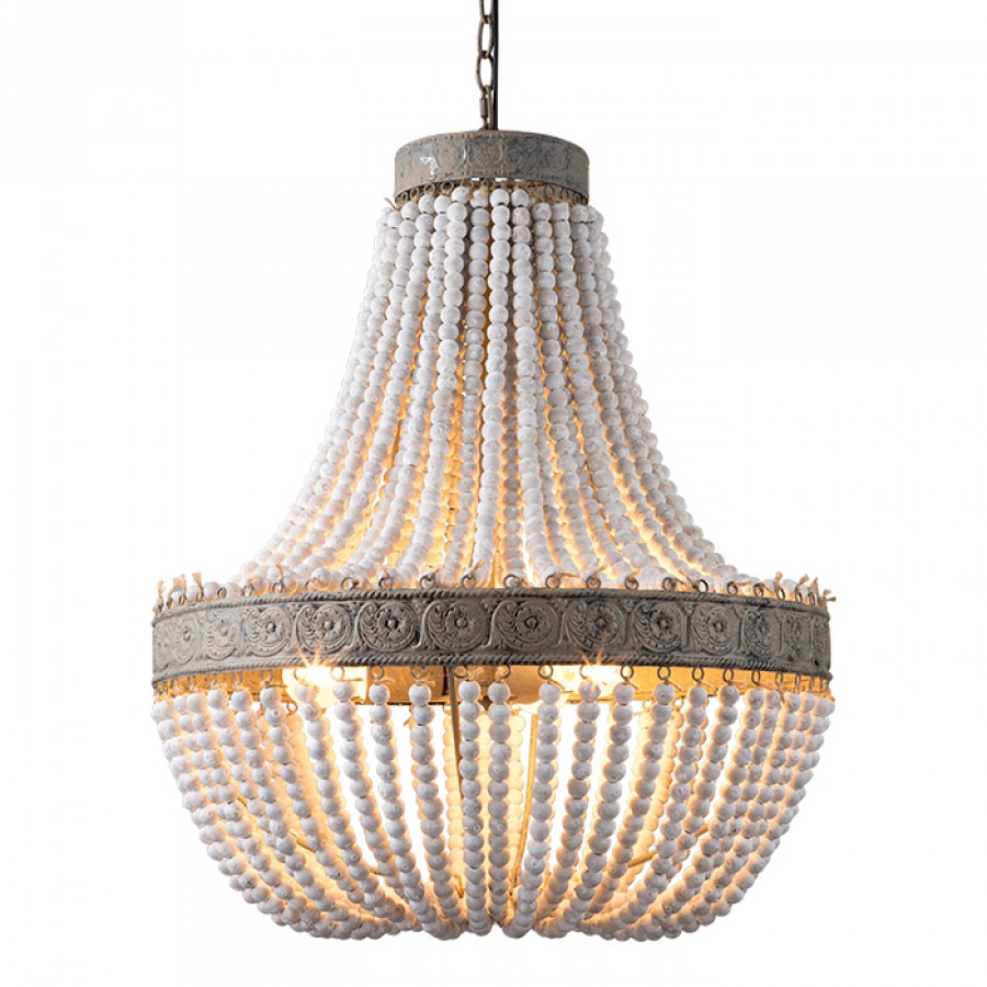 HMR - Farmhouse Rustic Wrought Iron Pendant Light with Wood Beads in White