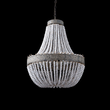 HMR - Farmhouse Rustic Wrought Iron Pendant Light with Wood Beads in White