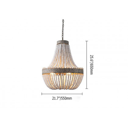 HMR - Farmhouse Rustic Wrought Iron Pendant Light with Wood Beads in White