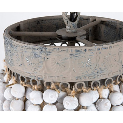 HMR - Farmhouse Rustic Wrought Iron Pendant Light with Wood Beads in White