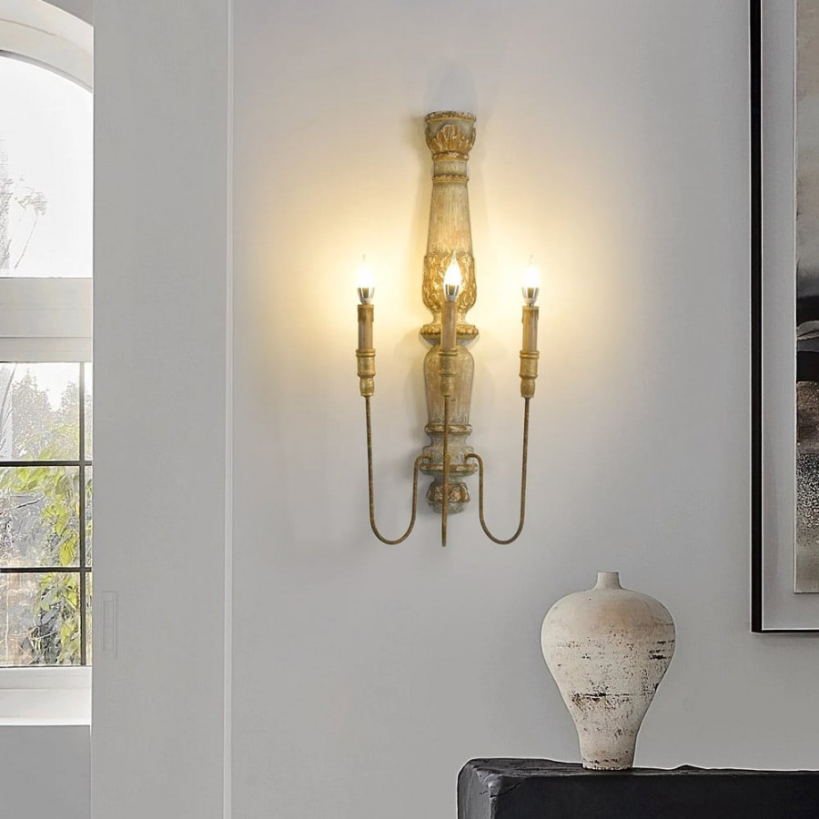 HMR - 3-Light Candle Wall Sconce Distressed Carved Design in Natural