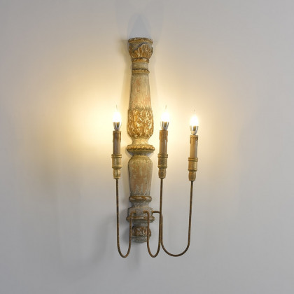HMR - 3-Light Candle Wall Sconce Distressed Carved Design in Natural
