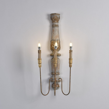 HMR - 3-Light Candle Wall Sconce Distressed Carved Design in Natural