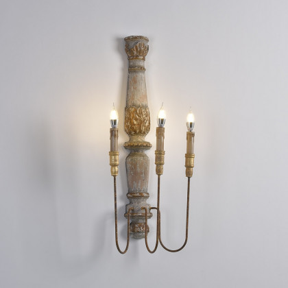 HMR - 3-Light Candle Wall Sconce Distressed Carved Design in Natural