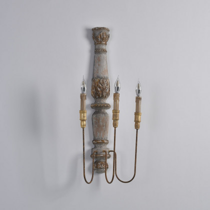 HMR - 3-Light Candle Wall Sconce Distressed Carved Design in Natural