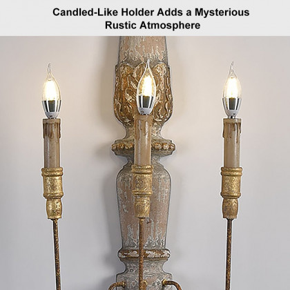 HMR - 3-Light Candle Wall Sconce Distressed Carved Design in Natural