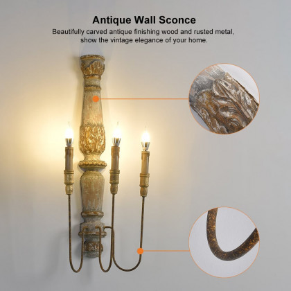 HMR - 3-Light Candle Wall Sconce Distressed Carved Design in Natural