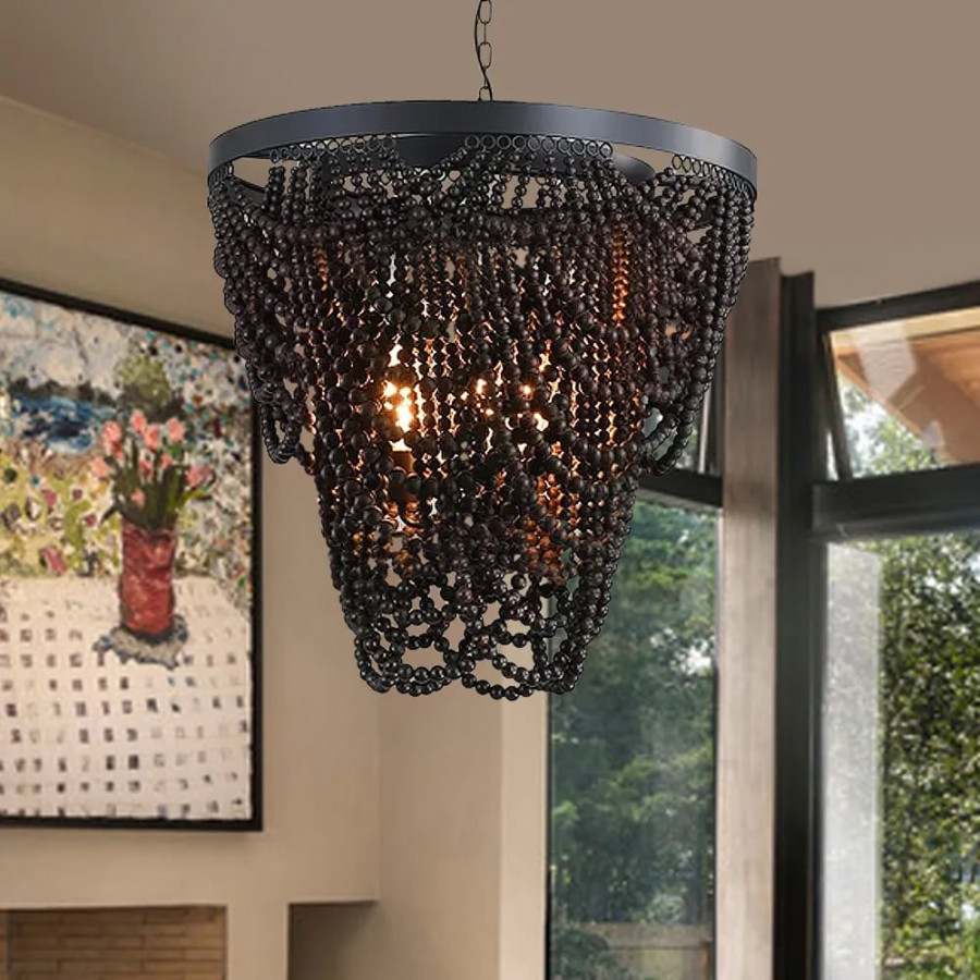 HMR - Rustic Wooden Cascade 3-Light Bead Chandelier in Black