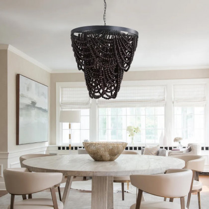 HMR - Rustic Wooden Cascade 3-Light Bead Chandelier in Black
