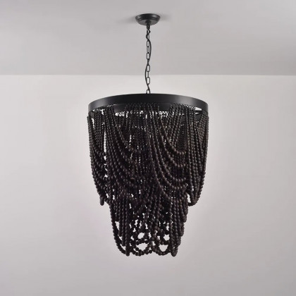 HMR - Rustic Wooden Cascade 3-Light Bead Chandelier in Black
