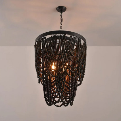 HMR - Rustic Wooden Cascade 3-Light Bead Chandelier in Black