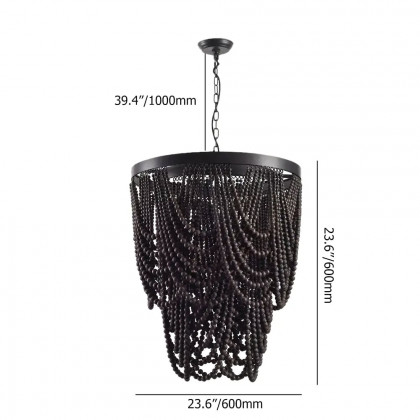 HMR - Rustic Wooden Cascade 3-Light Bead Chandelier in Black