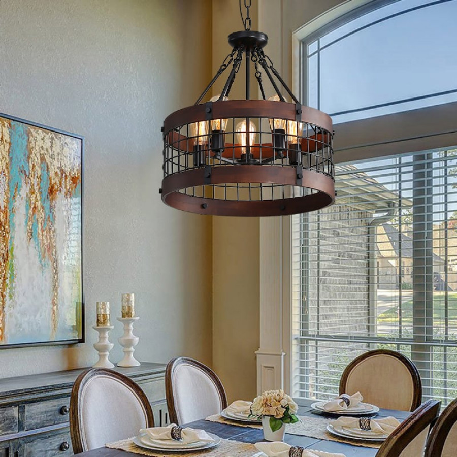 HMR - Farmhouse Wood Circle Metal Cage 5-Light Chandelier with Exposed Bulbs in Black