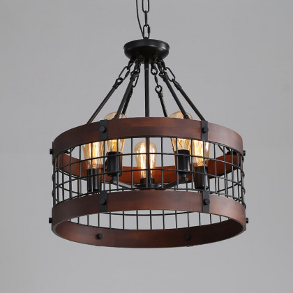 HMR - Farmhouse Wood Circle Metal Cage 5-Light Chandelier with Exposed Bulbs in Black