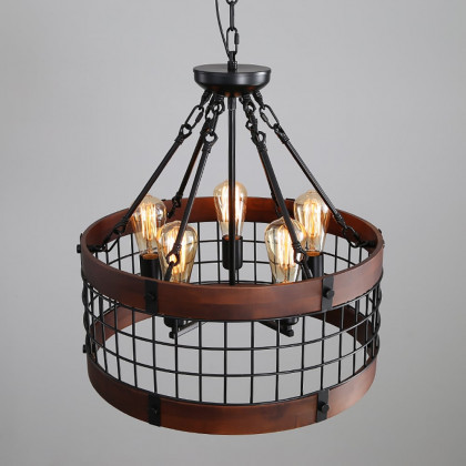 HMR - Farmhouse Wood Circle Metal Cage 5-Light Chandelier with Exposed Bulbs in Black