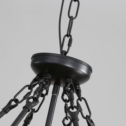 HMR - Farmhouse Wood Circle Metal Cage 5-Light Chandelier with Exposed Bulbs in Black
