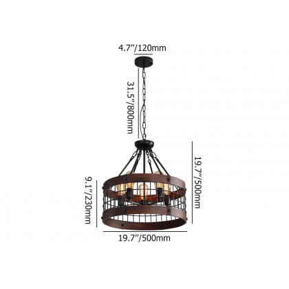 HMR - Farmhouse Wood Circle Metal Cage 5-Light Chandelier with Exposed Bulbs in Black