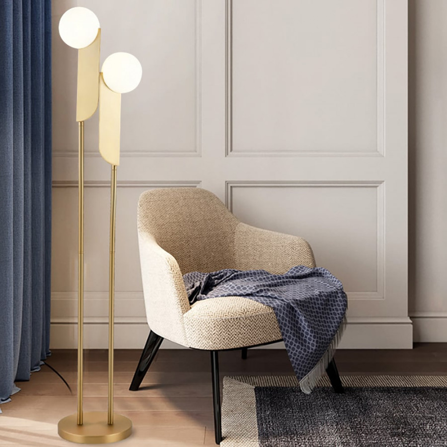 HMR - Torchiere Floor Lamp 2-Light with Glass Shade in Gold, Metal
