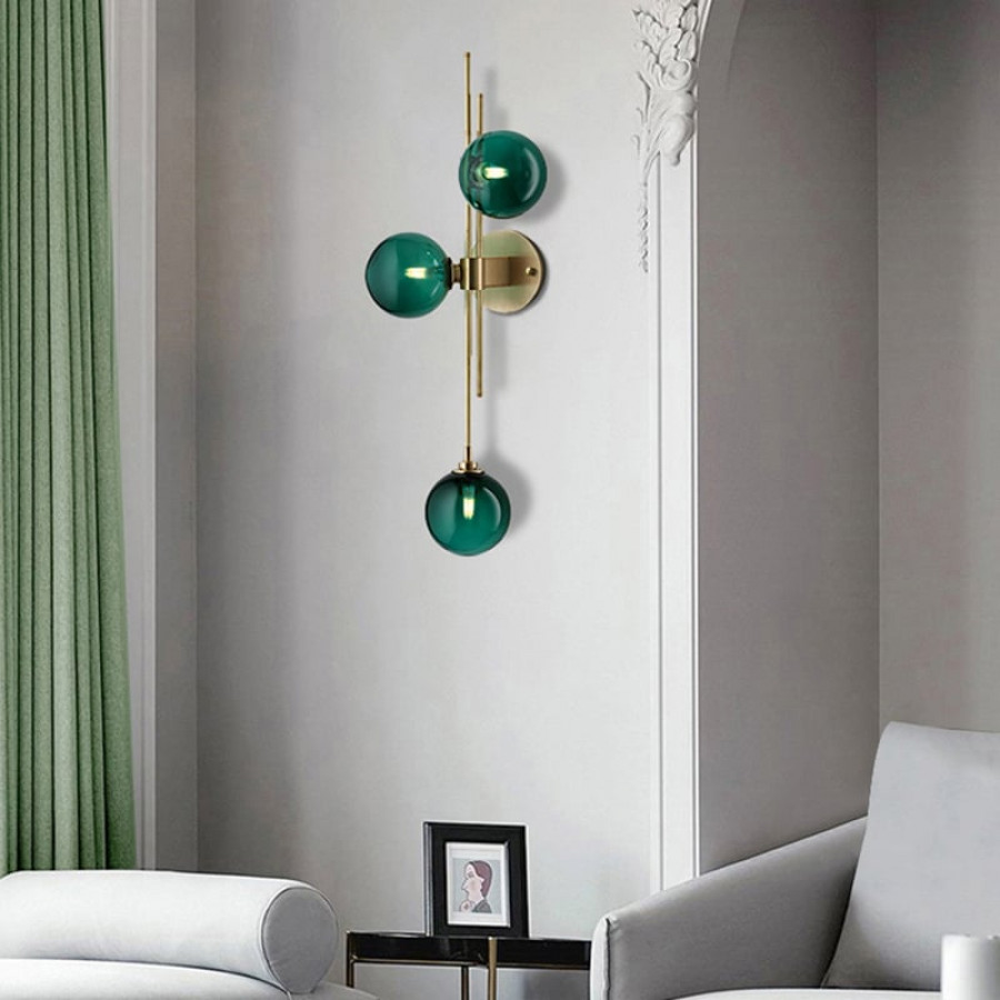 HMR - Gold 3-Light Glass Indoor Globe Sconce in Green