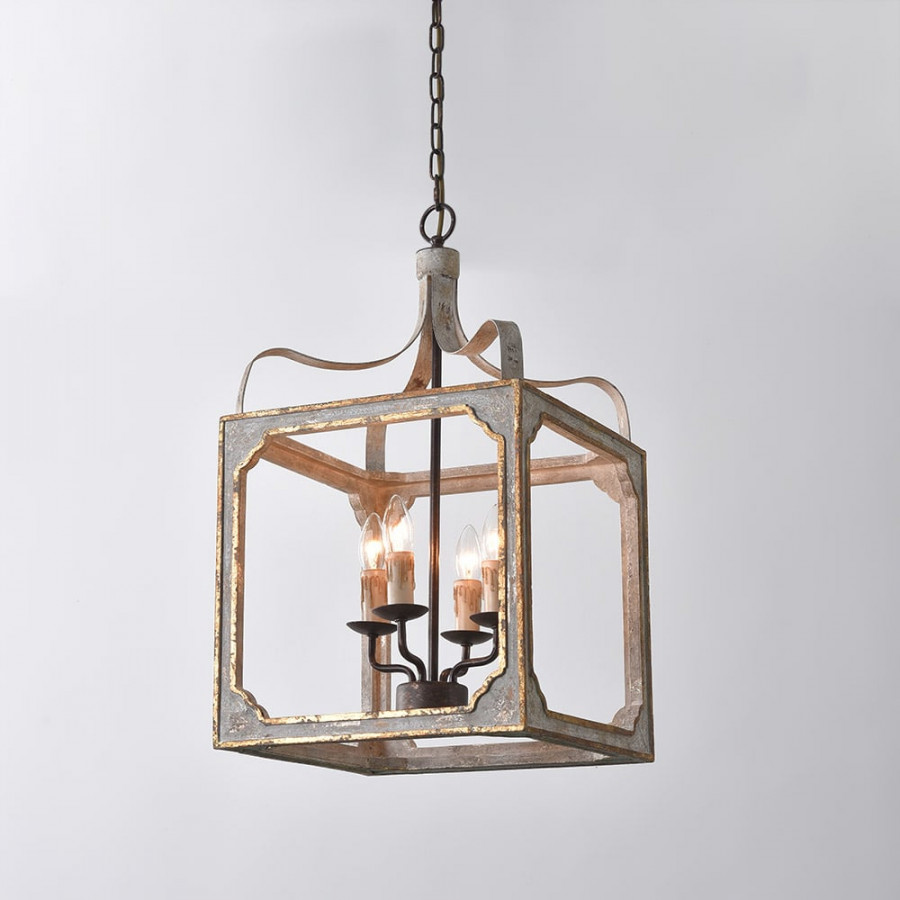 HMR - French 4-Light Lantern Chandelier Square Candelabra in Antique Gray