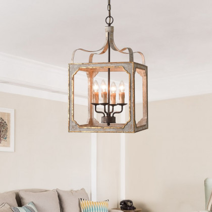HMR - French 4-Light Lantern Chandelier Square Candelabra in Antique Gray