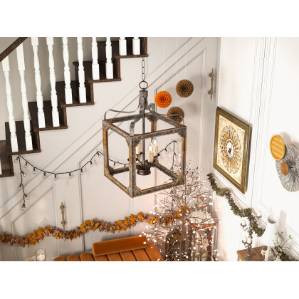 HMR - French 4-Light Lantern Chandelier Square Candelabra in Antique Gray