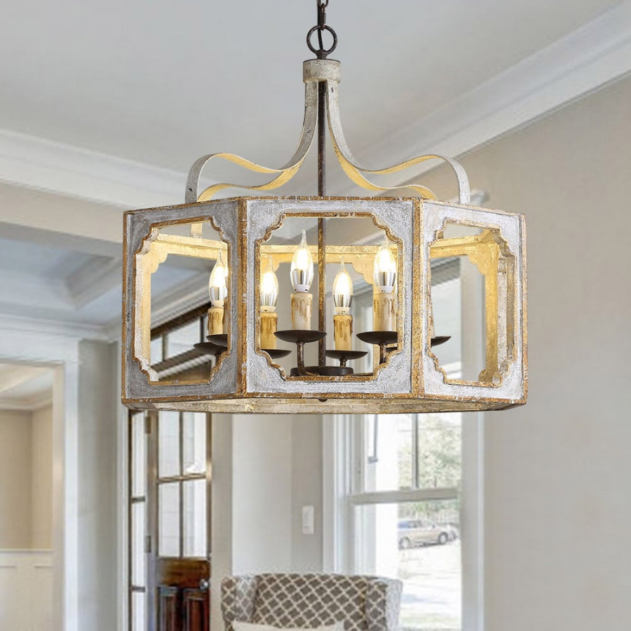 HMR - Lightelk French 8-Light Metal and Wood Chandelier in Antique Gray and Gold