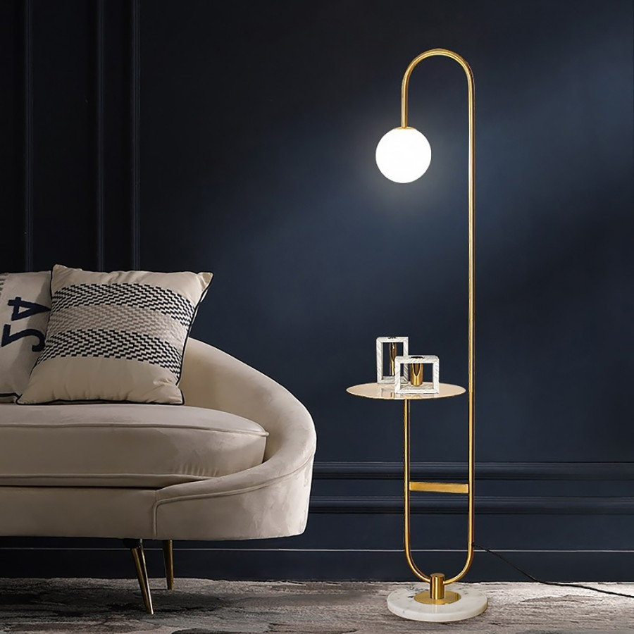 HMR - 60" Arc Floor Lamp with Shelf with Glass Shade and Marble Base in Gold