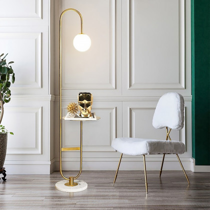 HMR - 60" Arc Floor Lamp with Shelf with Glass Shade and Marble Base in Gold