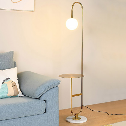 HMR - 60" Arc Floor Lamp with Shelf with Glass Shade and Marble Base in Gold