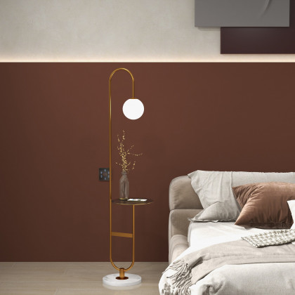 HMR - 60" Arc Floor Lamp with Shelf with Glass Shade and Marble Base in Gold