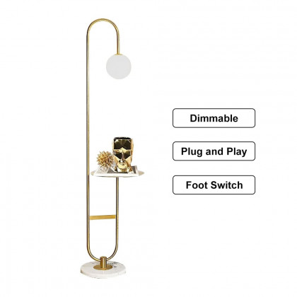 HMR - 60" Arc Floor Lamp with Shelf with Glass Shade and Marble Base in Gold