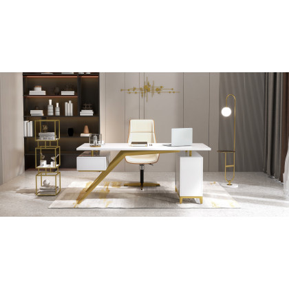 HMR - 60" Arc Floor Lamp with Shelf with Glass Shade and Marble Base in Gold