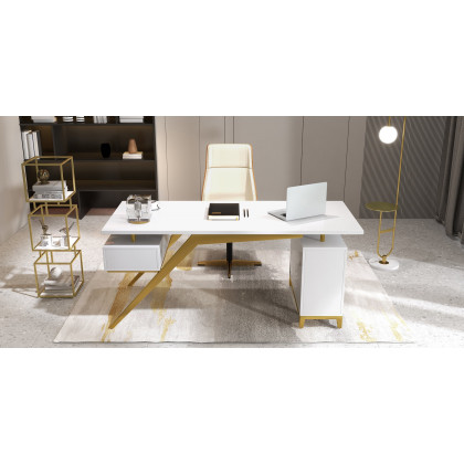 HMR - 60" Arc Floor Lamp with Shelf with Glass Shade and Marble Base in Gold
