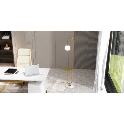 HMR - 60" Arc Floor Lamp with Shelf with Glass Shade and Marble Base in Gold