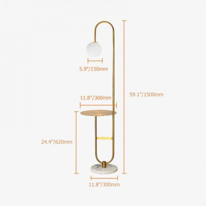 HMR - 60" Arc Floor Lamp with Shelf with Glass Shade and Marble Base in Gold