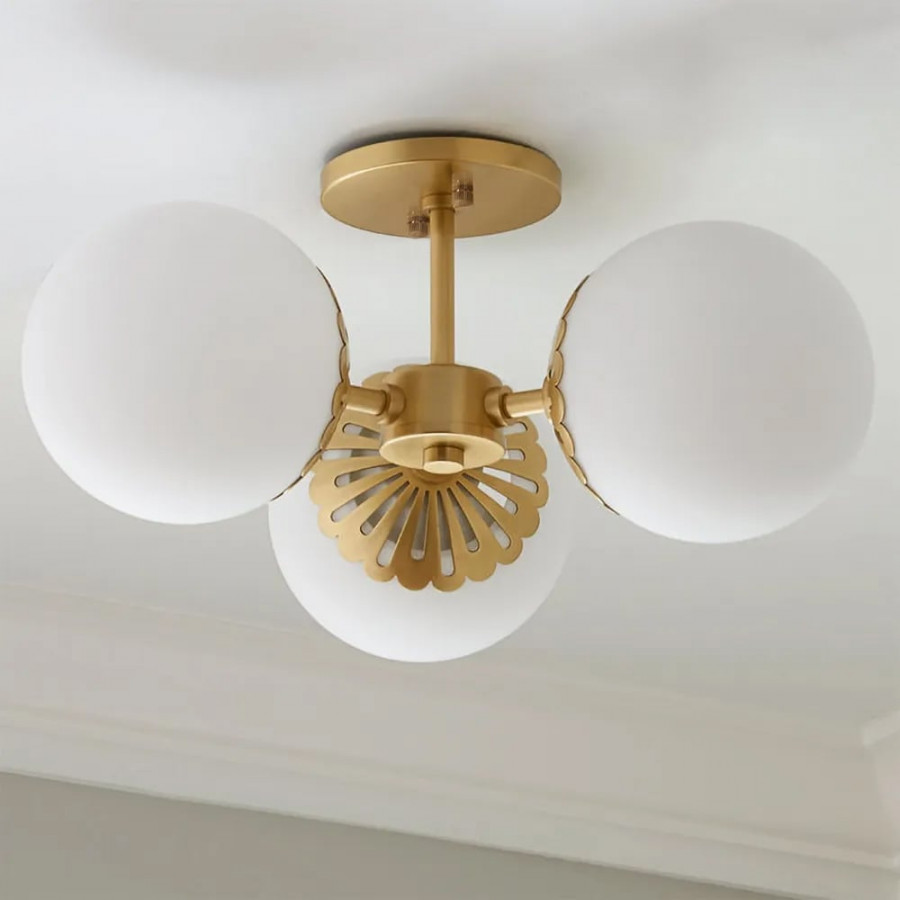 HMR - 3-Light Semi Flush Mount Light with Globe Shade in Gold