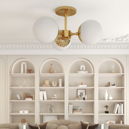 HMR - 3-Light Semi Flush Mount Light with Globe Shade in Gold